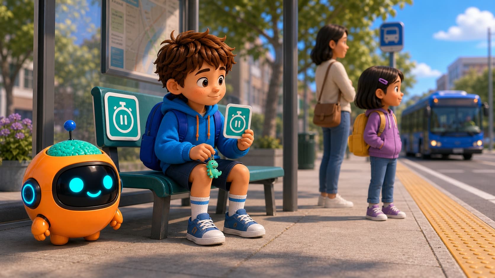 A child waits at a bus stop with a timer support while Sparky stands near the bench.