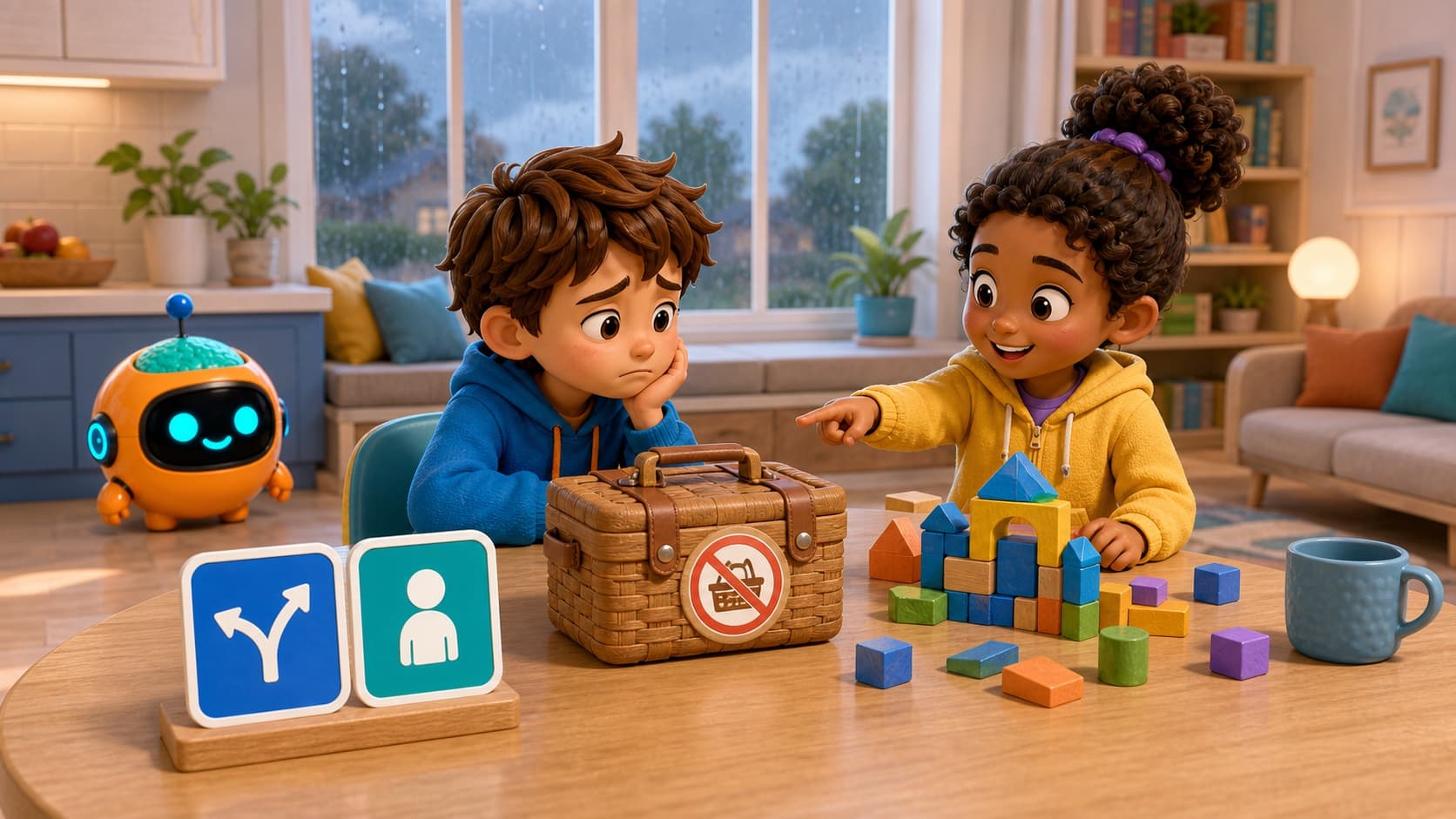 Rain changes an outdoor plan, and children look at an indoor building activity while Sparky stands nearby.