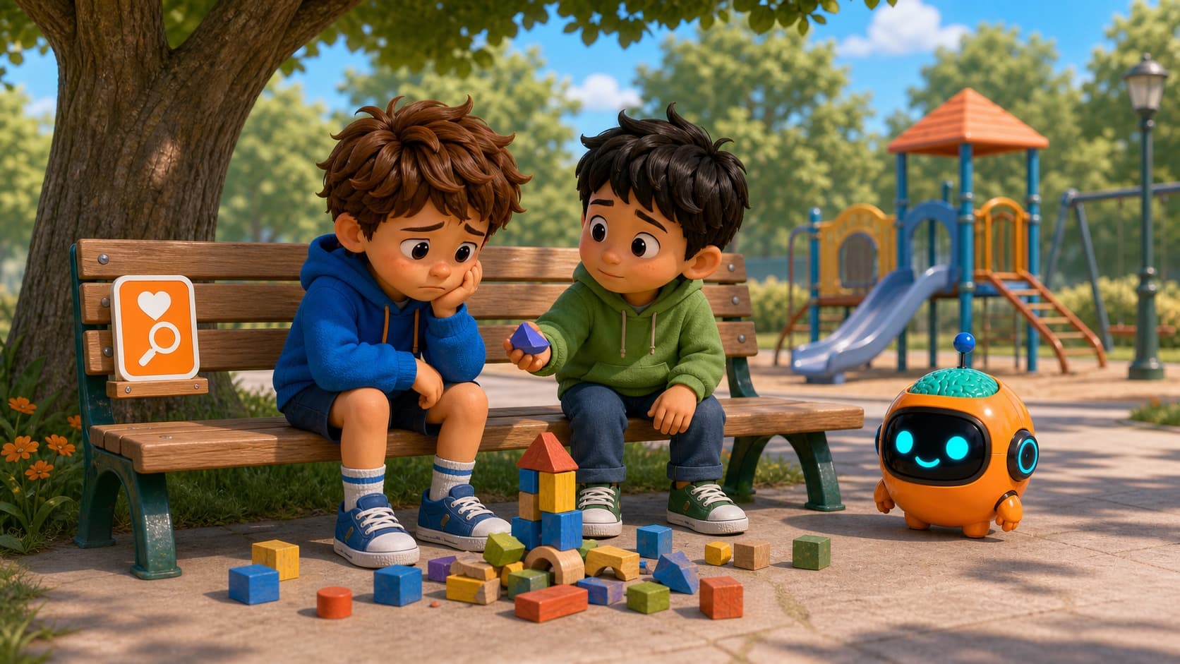 One child notices another child may feel sad after blocks fall and gives space while Sparky stands nearby.