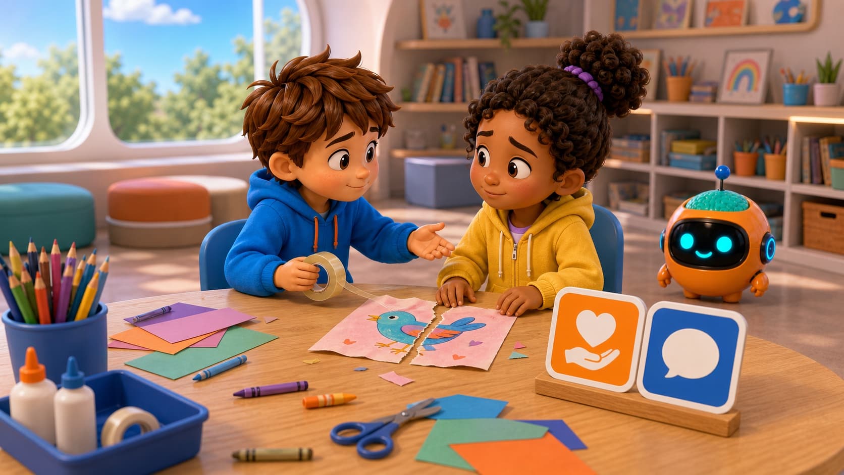 One child offers tape to help repair a torn art project while Sparky stands nearby with repair and kind-words cards.